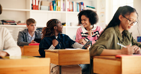 High school, students and happy friends with phone in classroom for exam results or online report. Teenager, mobile and girls together for education, success and good news for scholarship application