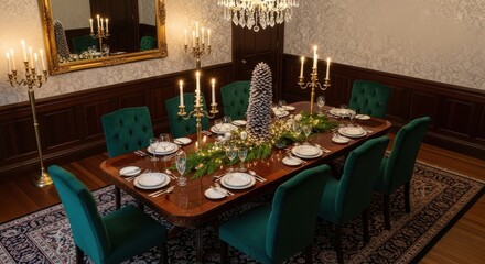 Fototapeta premium Elegant Dining Room Decorated for a Festive Holiday Celebration