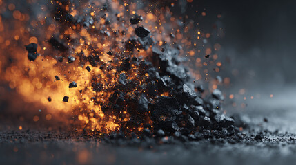 Dramatic explosion of coal or charcoal fragments with fiery sparks. A powerful visual capturing the destructive yet mesmerizing nature of combustion.