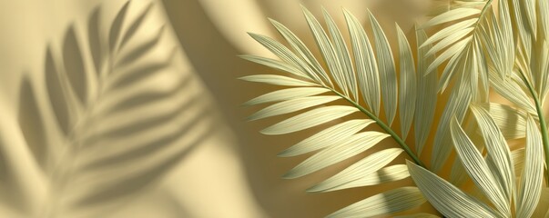 Elegant tropical leaves with shadows on soft yellow background