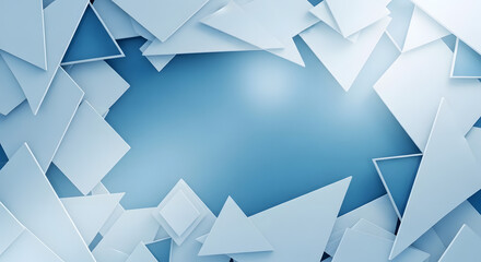 A dynamic composition of layered 3D triangular shapes in shades of blue and white, forming an abstract geometric frame with central copy space