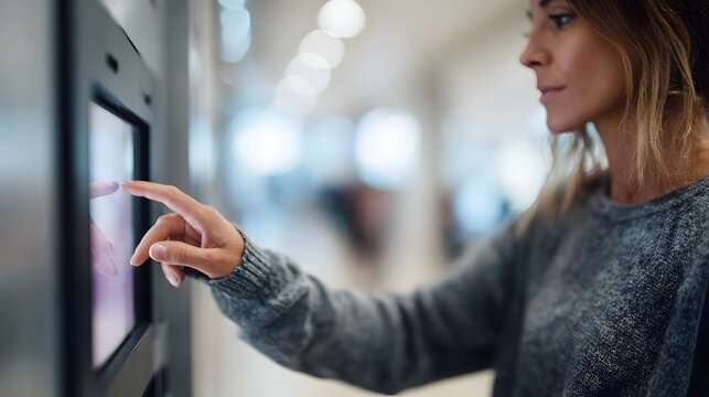 Woman uses touchscreen interface at a modern digital terminal
