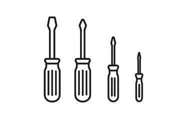 Screwdriver icon set vector line art. Minimalist flathead and phillips head screwdrivers. Tools for repair, construction, or mechanics. Simple outline illustration for DIY.