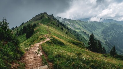 Journey to the Summit: A winding trail snakes its way up a verdant mountainside, beckoning adventurers towards the misty peaks.