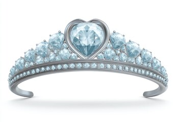 Obraz premium Shiny silver tiara with a large, heart-shaped, light blue gem as a centerpiece, and smaller gems lining the rest of the band, on a white backdrop