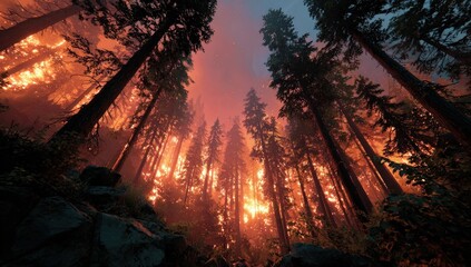 Forest fire burns brightly, tall trees silhouetted against raging flames and smoky, orange sky