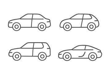 Car line icon set. Minimalistic vehicle outlines collection. Sedan, SUV, hatchback, sportscar. Simple transport symbols. Automotive vector illustration for web, logo design.