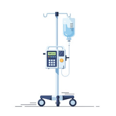 Medical IV drip stand with bag of fluid and pump on a white background.