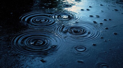 Ripples in the Rain:  Captivating image of raindrops creating mesmerizing concentric circles on a reflective surface, reflecting the cool and refreshing essence of a downpour.