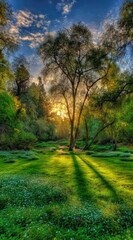 Naklejka premium Verdant meadow bathed in golden light; trees silhouette against a blue sky with clouds, evoking peace and tranquility