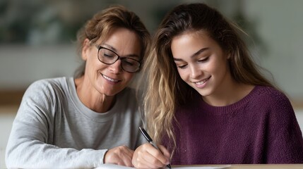 Mother and daughter smile while signing a document together symbolizing guidance and financial education