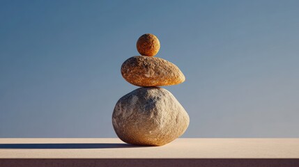 Stone Tower and Serenity: A carefully balanced stack of stones reaching towards a clear sky, symbolizing stability and inner peace. Evoking a sense of calm and balance.