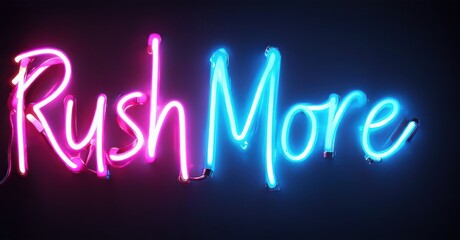 Bright neon sign displays Rushmore. Pink, blue lights create vibrant lettering against dark background. Modern, stylish design.
