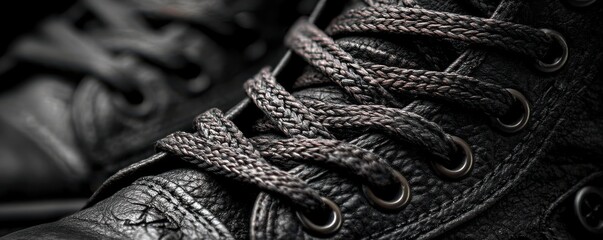 Close-up view of black leather sneaker with detailed laced design