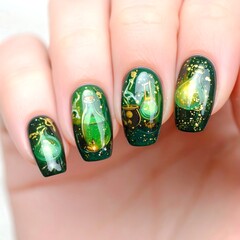 Green Nail Art - Flasks & Glitter