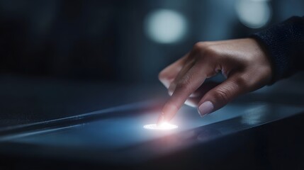 A finger touches a glowing biometric scanner symbolizing digital security and technological interaction