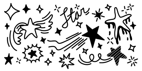 Hand drawn stars set. Star doodles collection on white background.