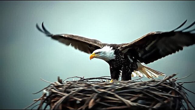 Bald eagle stands atop nest wings partially spread against a gray sky