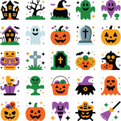 Halloween Pattern with Haunted House, Ghost, Pumpkin, Tombstone and Witch Hat