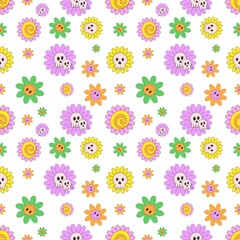Seamless Pattern of Colorful Cartoon Flowers with Smiling Faces on White Background – Whimsical and Cheerful Floral Design for Kids’ Products, Wallpapers, and Decorative Stationery