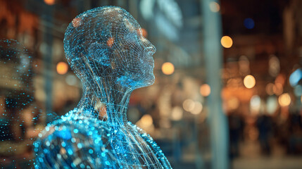 Futuristic rendering of a human form, emphasizing technology. The glowing blue wireframe suggests advanced systems and a connection between technology and humanity.