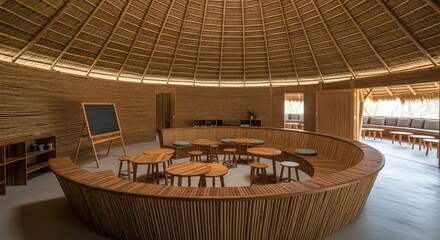Bamboo Architecture Eco House Interactive Learning Space, Modern Classroom, Eco-Friendly Design, Educational Environment, Circular Layout