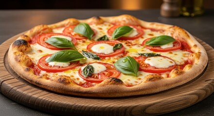 Classic Italian Margherita pizza with fresh tomatoes mozzarella and basil.