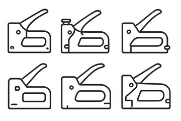 Set of six black outline staple gun icons, simple vector cartoon illustrations with transparent background, ordered tool collection, handyman, office, construction staple gun designs