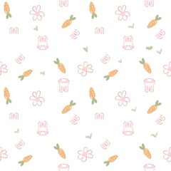 Seamless Pattern of Cartoon Bunny Faces, Carrots, and Flowers on White Background – Whimsical Spring and Easter-Themed Design for Kids’ Products, Stationery, and Decorative Prints
