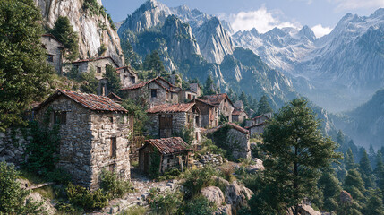 Mountain Village: Stone houses nestled amidst rugged peaks. Scenic views and traditional architecture blend in this idyllic landscape
