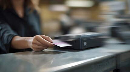 A hand inserts a card into a processing hine at a counter symbolizing a quick financial transaction