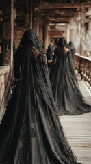 Naklejka premium A group of women wearing black, veiled gowns walk along a weathered, rustic corridor, creating a sense of mystery and gothic atmosphere