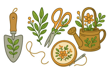 Gardening and embroidery hobby set. Vector illustration collection of craft tools. Includes watering can, trowel, plant, scissors, needle and thread for creative leisure activities.