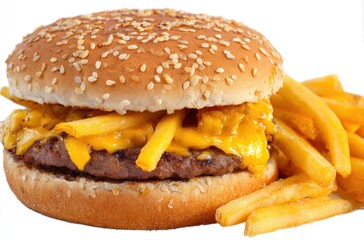 Mouthwatering close-up of a juicy burger topped with melted cheese, fries, and a sesame seed bun, isolated on white