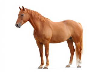 A chestnut horse stands isolated on a white backdrop, its coat gleaming under unseen light, showcasing its muscular build and noble stance