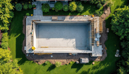 Overhead view of villa backyard pool under construction with garden greenery.