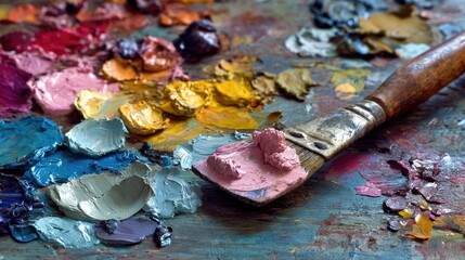 Palette of Creation: An artistic display of vibrant colors and a brush on a well-used palette, embodying creativity and artistic expression.