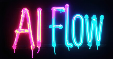 Bright neon text spells AI Flow. Dripping effect adds dynamic visual interest against dark background. Modern, vibrant design.