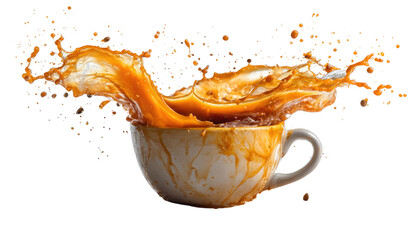 Coffee splash in a cup.  A dynamic image shows a caffeinated beverage exploding from a white cup, with a rich, light brown liquid and frothy, creamy texture