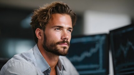 A focused businessman analyzes financial charts on dual computer monitors in a modern office setting