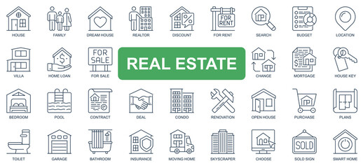 Real estate concept simple line icons set. Pack outline pictograms of dream house, rent, sale, loan, mortgage, renovation, insurance, deal and other. Symbols for website and mobile app design.