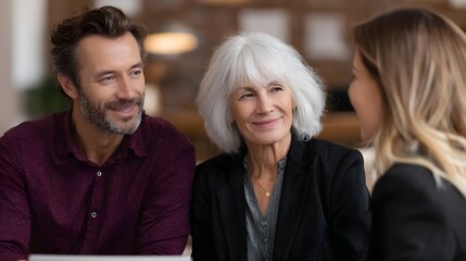 A smiling couple consults with a financial advisor in a warm office setting discussing future plans and investments