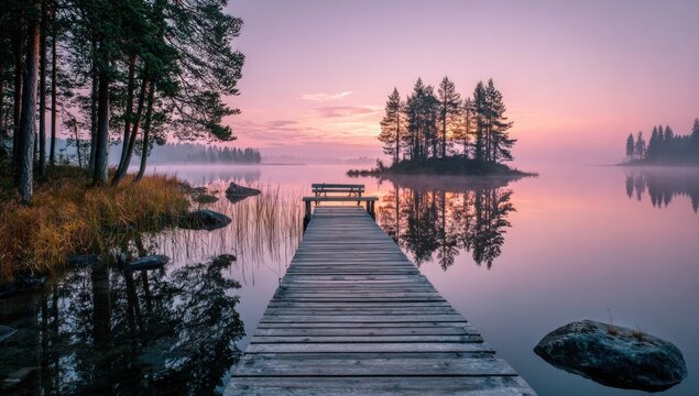 Wooden pier extends into a serene, misty lake at dawn with small island & trees bathed in soft light