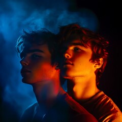 Surreal portrait two young men facing glowing light dramatic conceptual identity