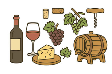 Wine and Cheese Gathering with Grapes, Wine Glass, Barrel, Corkscrew, Cheese Board, and Vineyard Leaves in Minimalist Vector Cartoon Illustration, Transparent Background