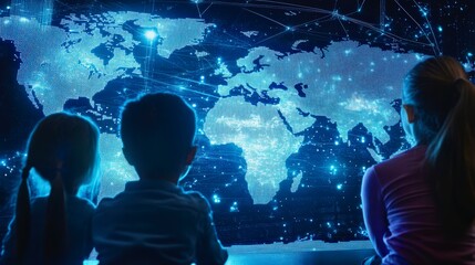 Children viewing futuristic digital world map with glowing cyber grid, modern technology education global concept