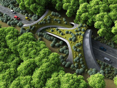 3d rendering of green wildlife bridge over roads symbolizing sustainability