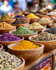 Fototapeta premium Colorful spices at traditional street market with bowls and herbs decorative arrangement
