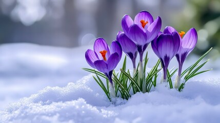 Purple crocuses blooming beautifully in snowy frosty white winter field background