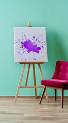 Easel blank canvas red sofa stylish modern interior art design